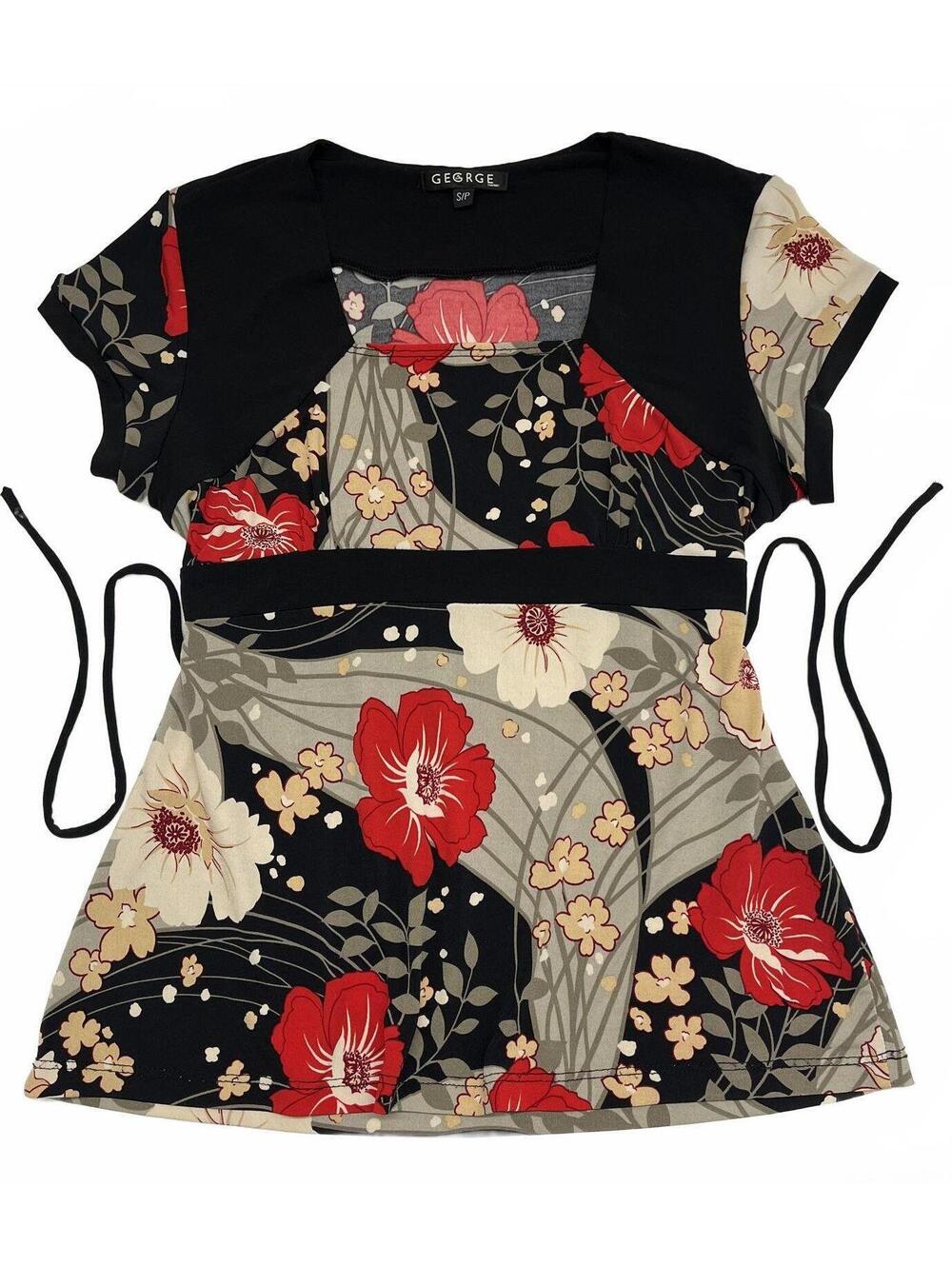 Vintage George Canada Made Black Red Floral Print Babydoll Short Sleeve Top Sz S